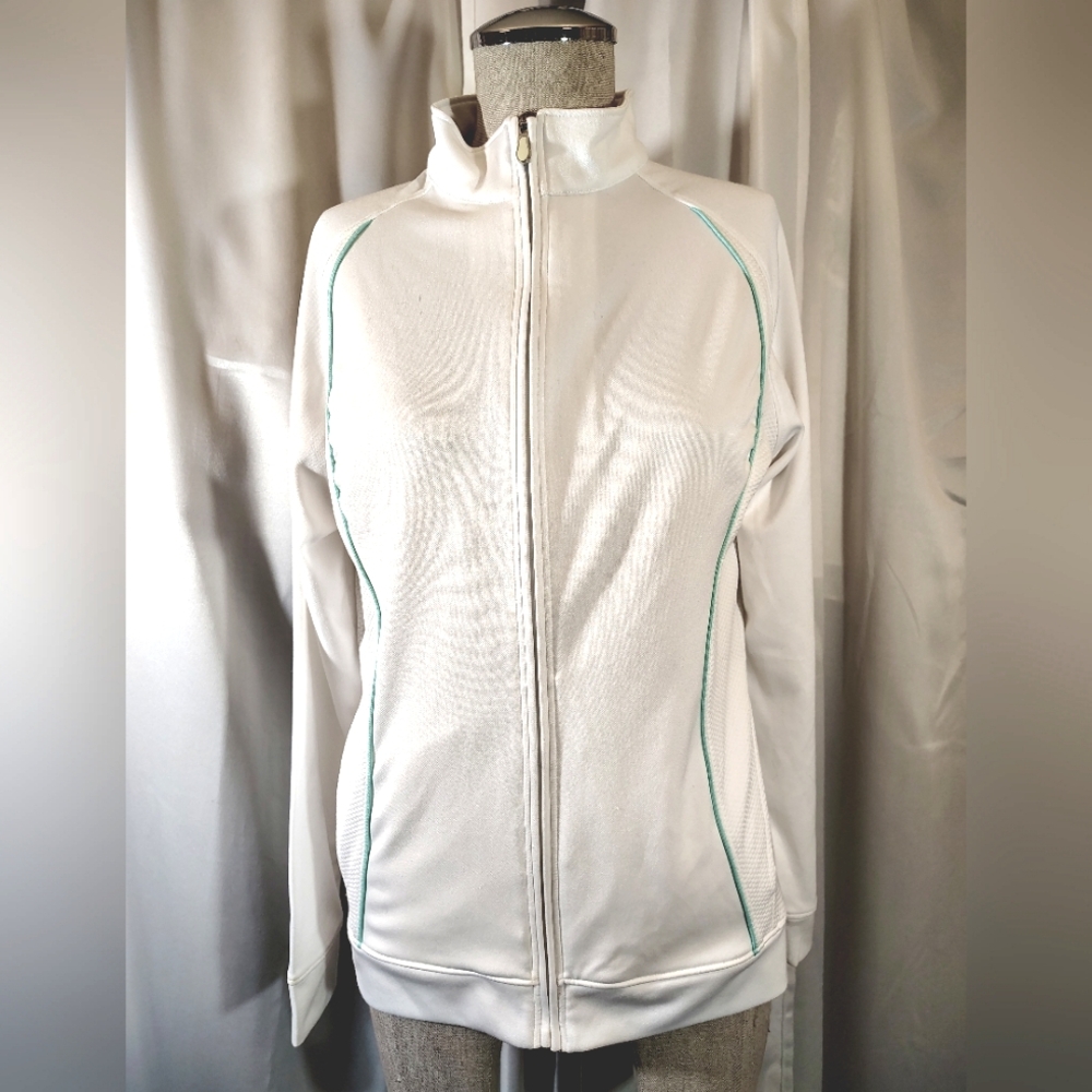 Pebble Beach Zip Up Sweatshirt, Women White Green Pinstripe, Pockets, Collar, S